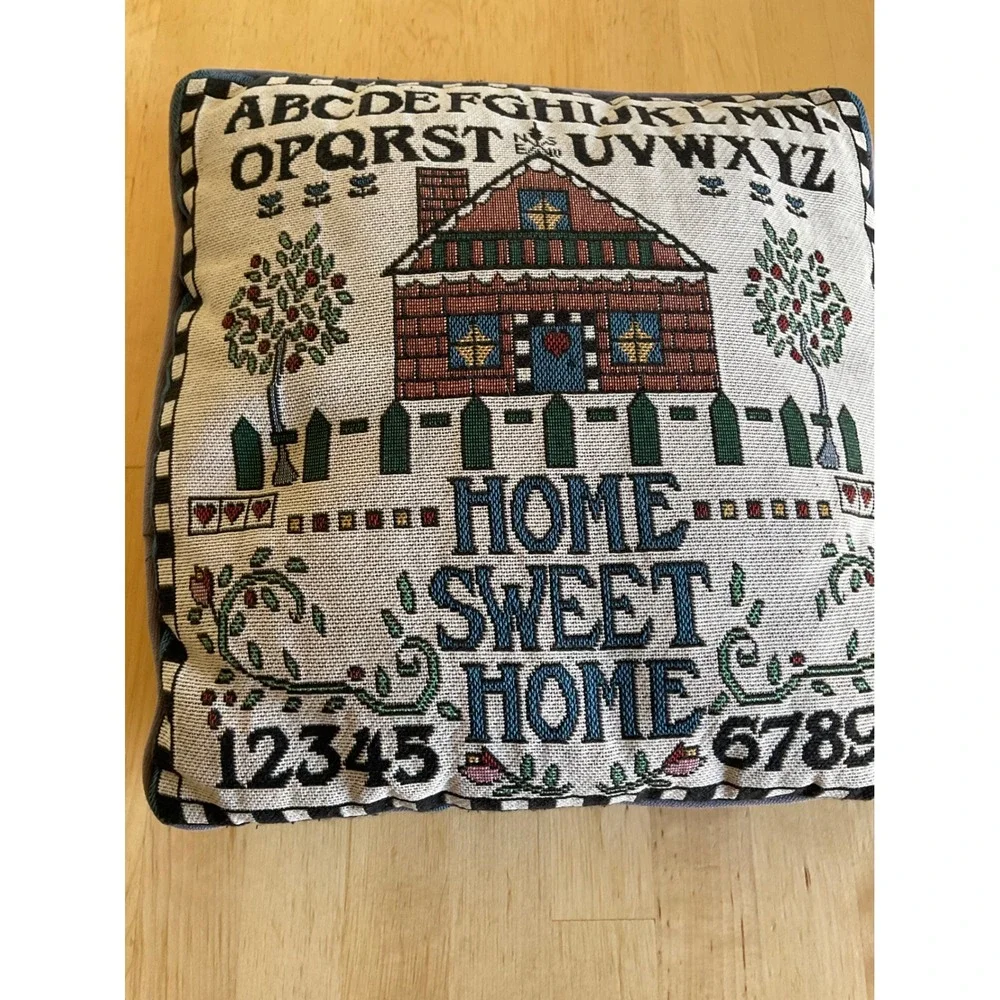 Vintage Home Sweet Home Sampler Woven Tapestry Throw Pillow Folk Art Blue 11x12
